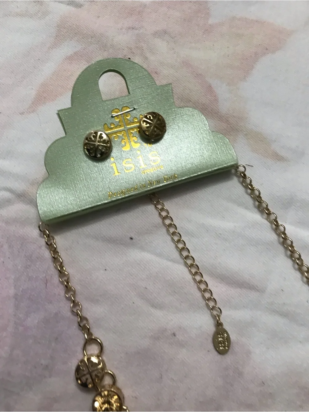 Isis Creative Gold Tone Brown Rhinestone Stud Earrings and Necklace Set 18”